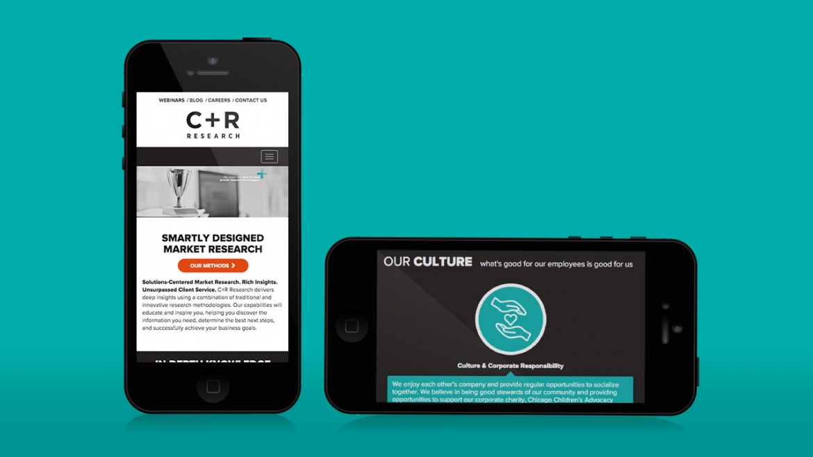 C+R Research website shown on mobile device landscape and portrait