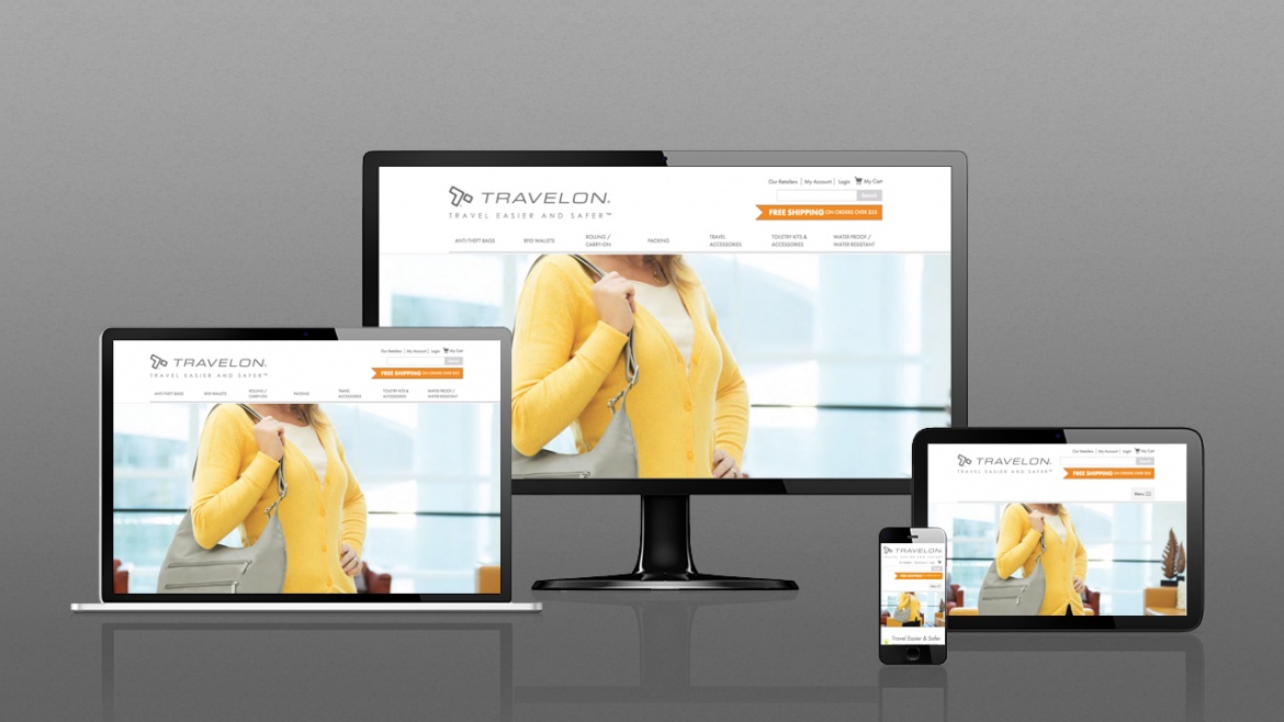 Travelon e-commerce website shown on desktop, tablet and mobile platforms