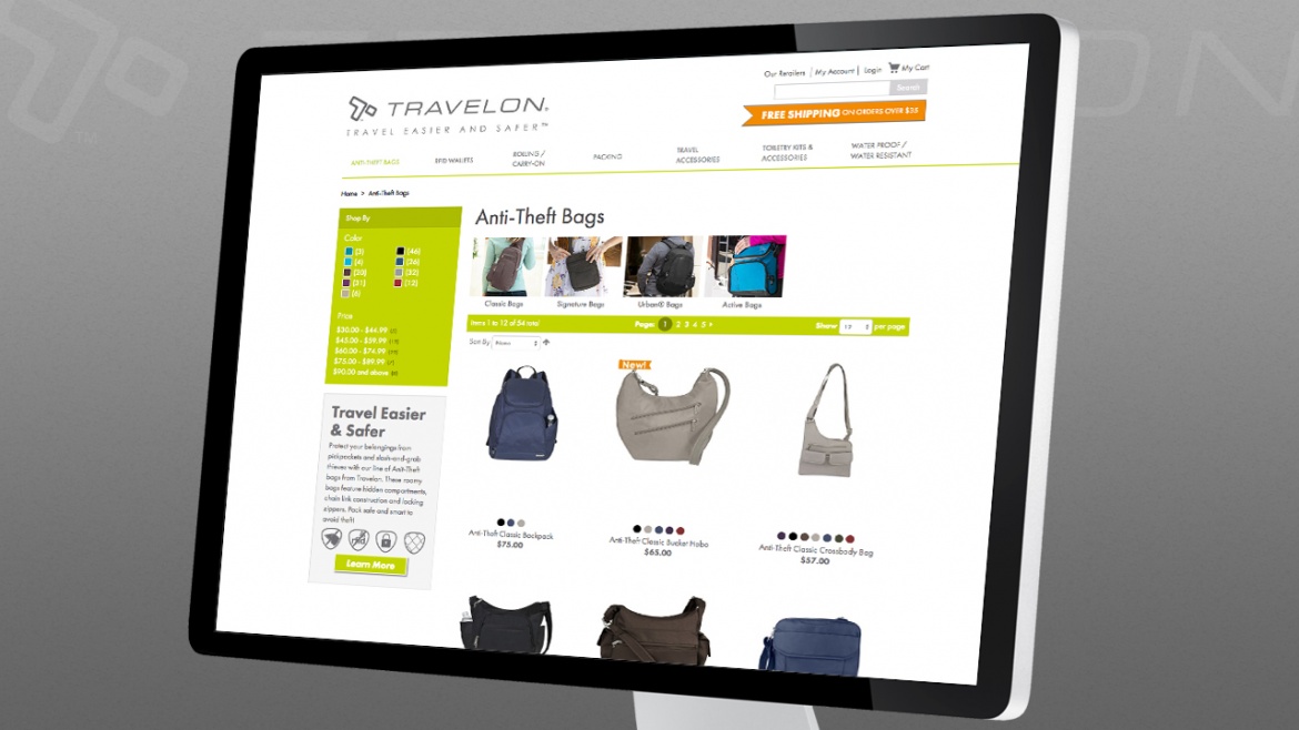 Travelon e-commerce website product filtering and searching